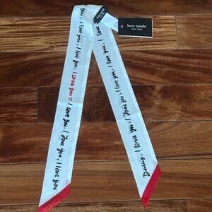 KATE SPADE I LOVE YOU SILK SKINNY SCARF:NWT CREAM/RED/BLACK WITH SCRIPT